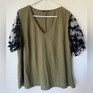 SHEIN Curve Green V Neck Lace Sleeve Tshirt